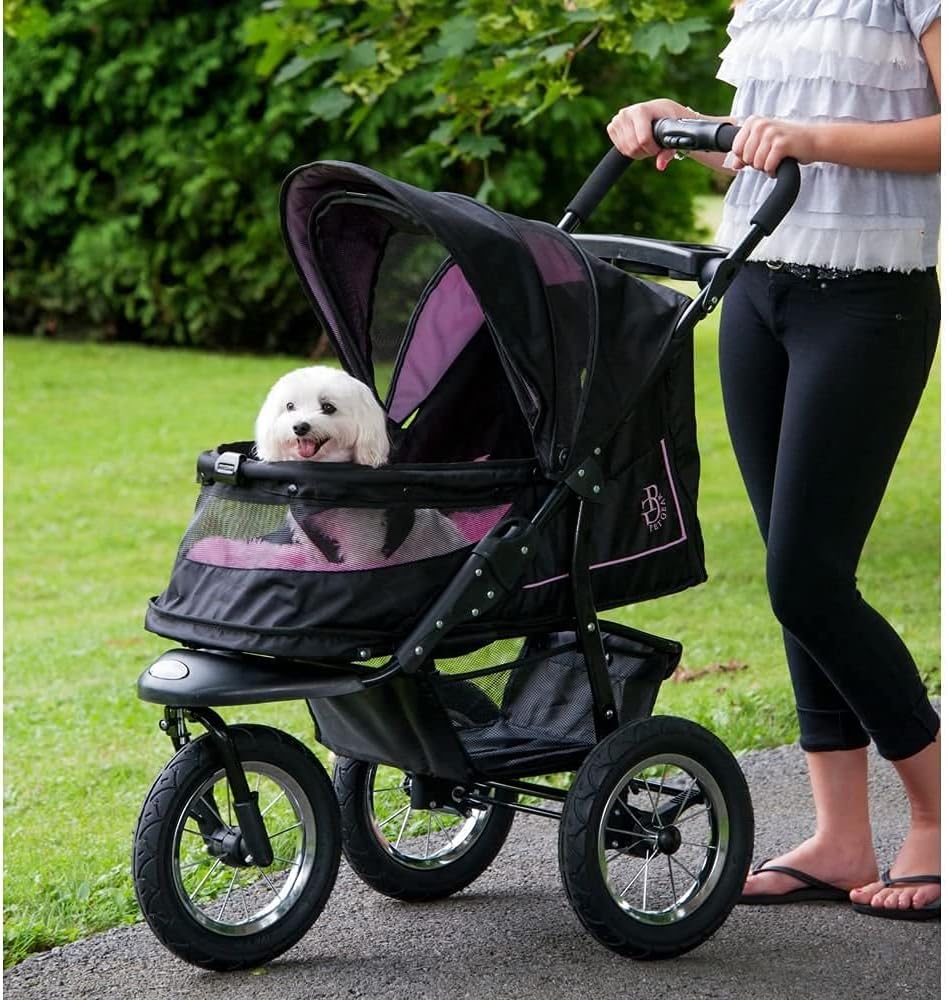No-Zip NV Pet Stroller for Cats/Dogs Zipperless Entry Easy One-Hand Fold Gel-Filled Tires Plush Pad + Weather Cover Included 3 colors