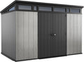 2025 Keter Artisan 11x7 Modern Resin Outdoor Storage Shed Kit-Perfect to Store Patio Furniture, Garden Tools Bike Accessories, Beach Chairs and Lawn Mower, Grey & Black