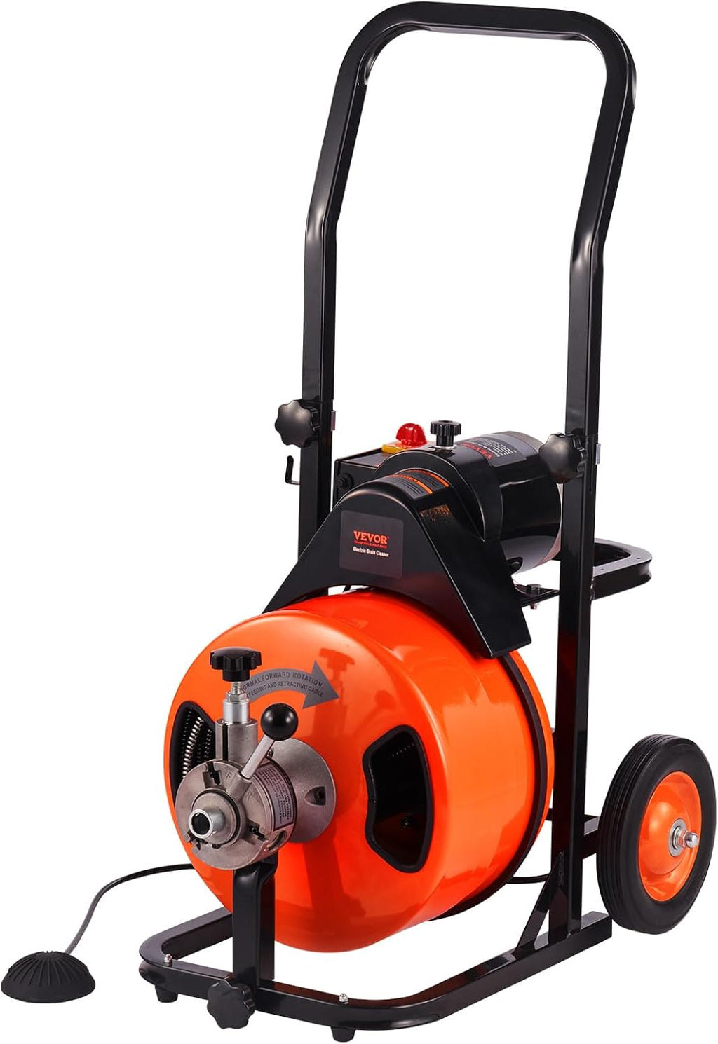 2025 Drain Cleaner Machine 100FT x 1/2Inch, Auto Feed Sewer Snake Auger with 4 Cutter & Air-activated Foot Switch for 1" to 4" Pipes, Orange, Black