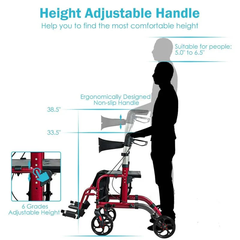 2 In 1 Rollator Walker Wheelchair Folding Medical Walker Aluminum Transport Chair Mobility Walking Aid - Comfortable And Ergonomic Design