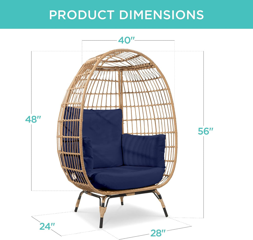 Best Choice Products Wicker Egg Chair Oversized Indoor Outdoor Lounger for Patio Backyard Living Room w/ 4 Cushions Steel Frame 440lb Capacity - Ivory