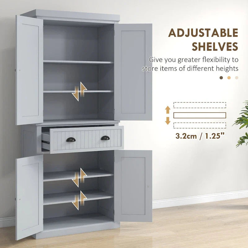 72  Kitchen Pantry Storage Cabinet, Traditional Freestanding Cabinet with 4 Doors and 3 Adjustable Shelves, Large Central Drawer