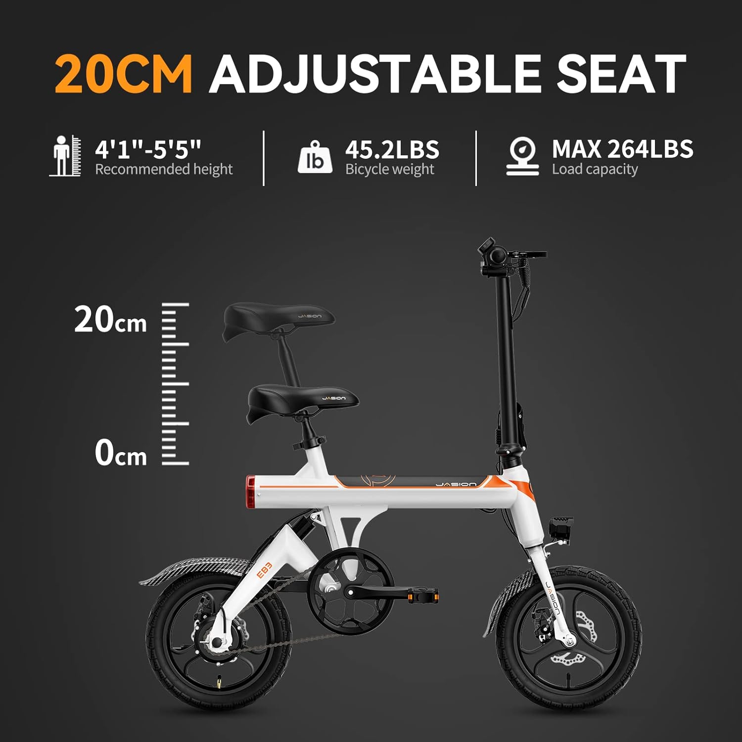 Jasion EB3 Electric Bike Adults 21mph, 500W Peak Motor, 270Wh Battery, Rear Suspension, 3 Levels Assist, 14&prime;&prime; Folding Ebike for Adults and Teens, Complies to UL2849