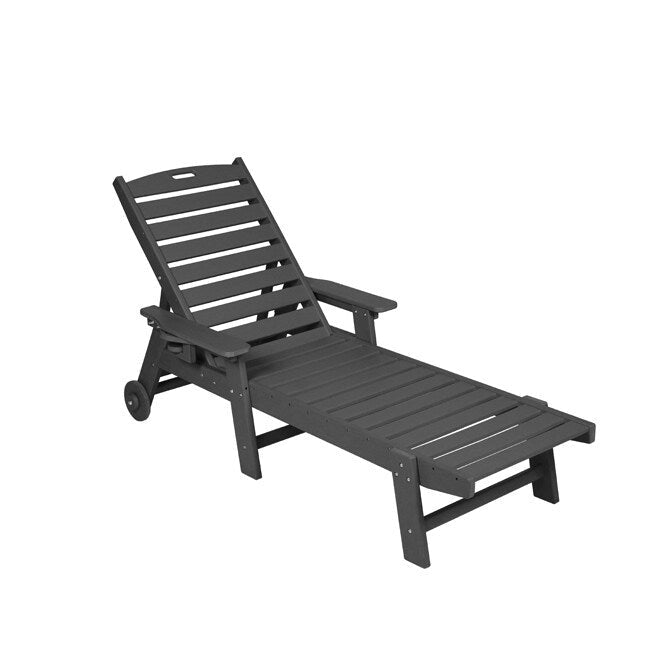 3-Piece Patio Set  2 Oversized Chaise Lounges (5-Position, Wheels, Cup Holder) + Side Table, All-Weather Wood Texture.