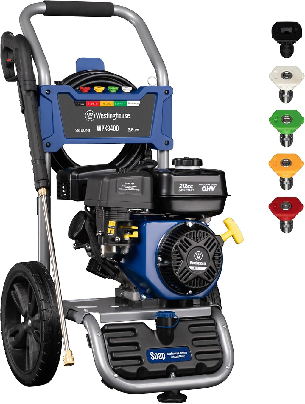 2025 Gas Pressure Washer, 3400 PSI and 2.6 Max GPM, Onboard Soap Tank, Spray Gun and Wand, 5 Nozzle Set, for Cars/Fences/Driveways/Homes/Patios/Furniture