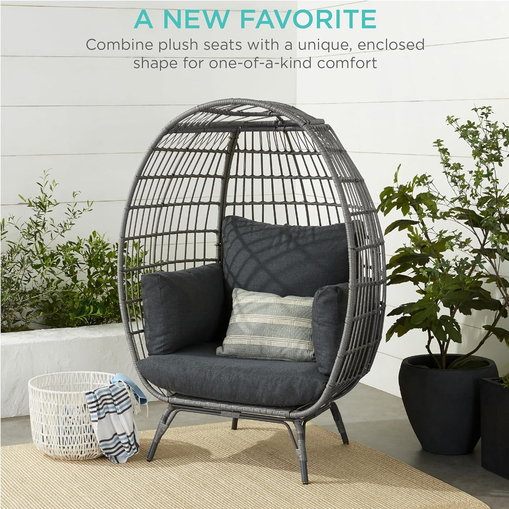 Best Choice Products Wicker Egg Chair Oversized Indoor Outdoor Lounger for Patio Backyard Living Room w/ 4 Cushions Steel Frame 440lb Capacity - Ivory
