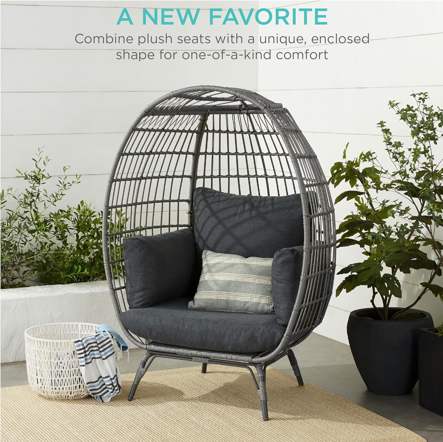 Best Choice Products Wicker Egg Chair Oversized Indoor Outdoor Lounger for Patio Backyard Living Room w/ 4 Cushions Steel Frame 440lb Capacity - Ivory