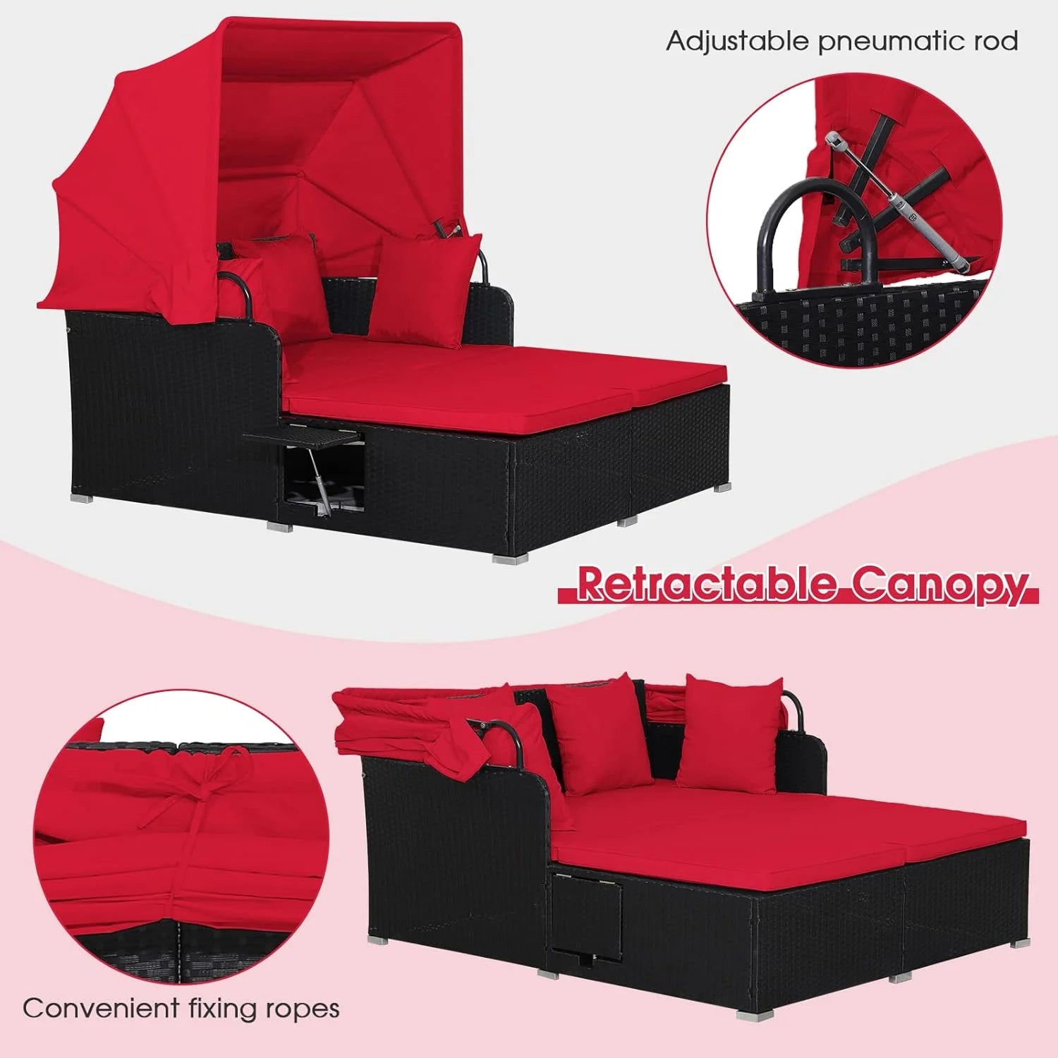 RELAX4LIFE Patio Outdoor Daybed Canopy Wicker Sunbed Cushions Lounge Bed Conversation