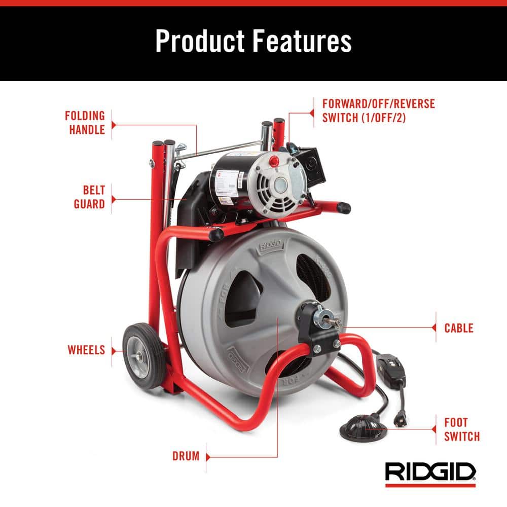 K 400 Drain Cleaning Snake Auger 120 Volt Drum Machine with C 32IW 3/8 in. x 75 ft. Cable   4 Piece Tool Set &amp; Gloves 52363