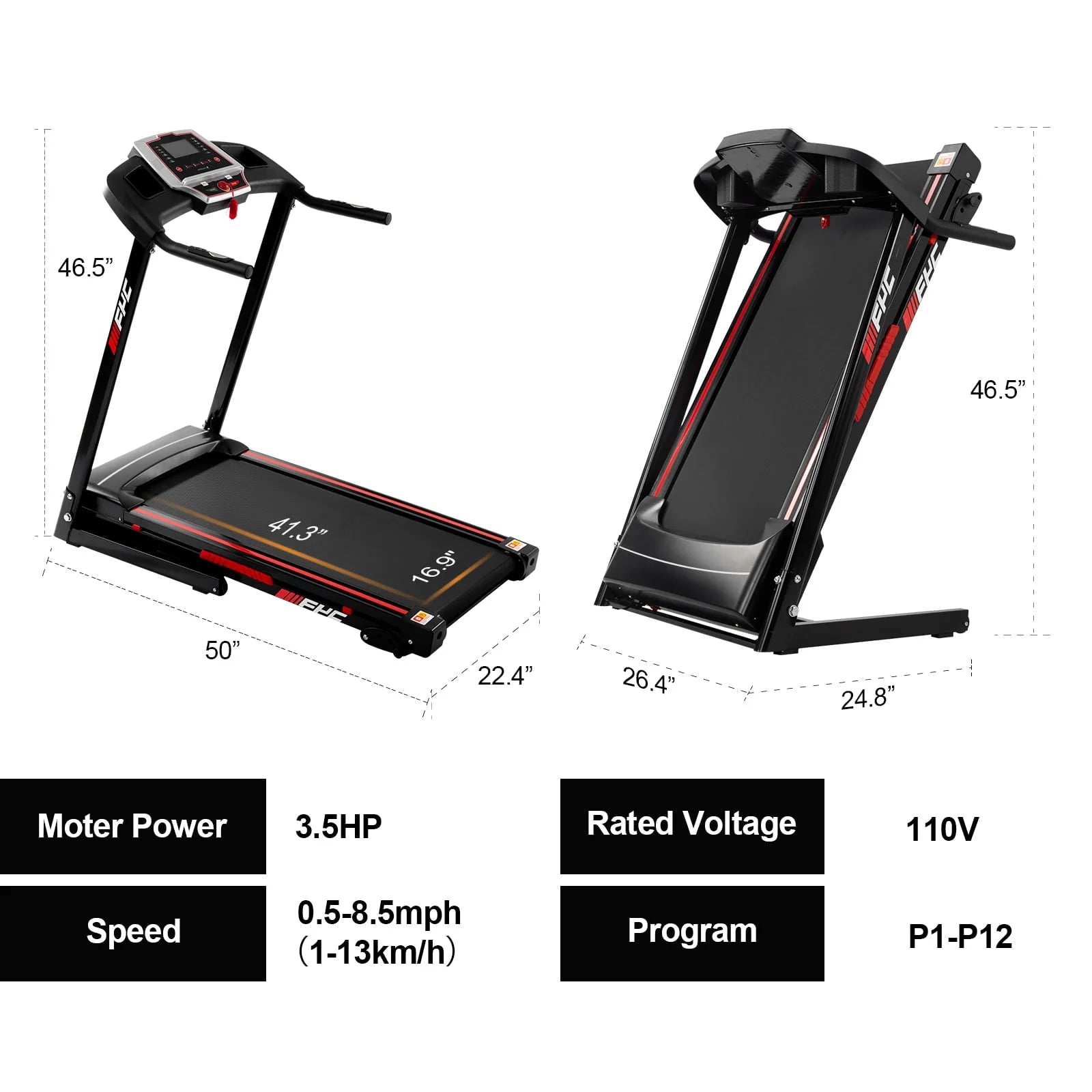 FYC 3.5HP 330 LBS Weight Capacity Folding Treadmill with Incline, Portable Electric Treadmill for Home Running Walking Jogging Exercise w/ 12 Preset Programs, Indoor House Workout Training Exercise