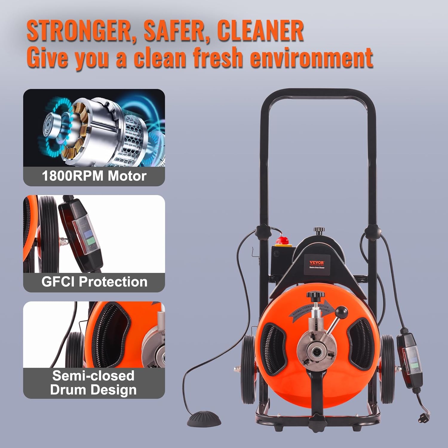 2025 Drain Cleaner Machine 100FT x 1/2Inch, Auto Feed Sewer Snake Auger with 4 Cutter & Air-activated Foot Switch for 1" to 4" Pipes, Orange, Black