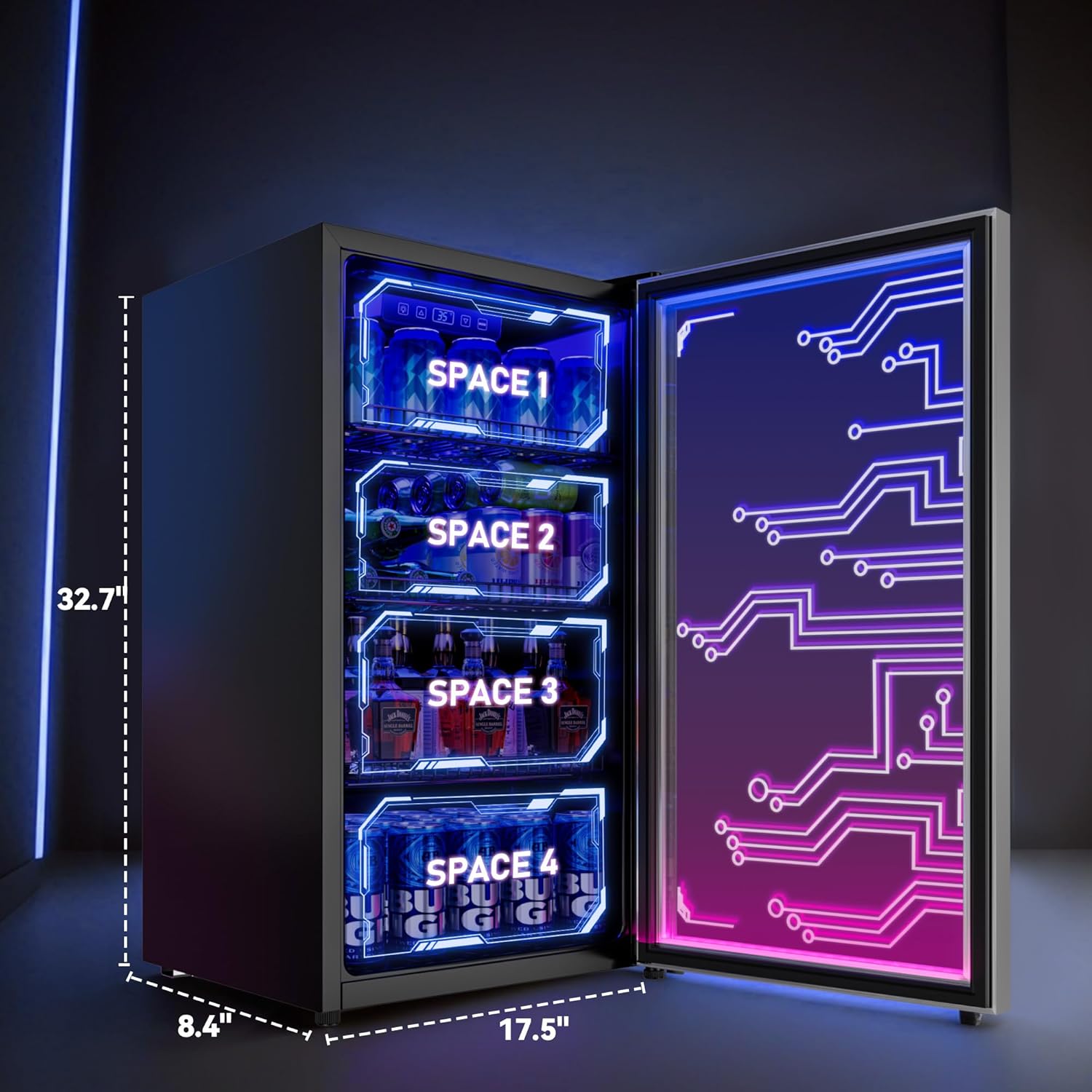Gaming LED Beverage Refrigerator, 120 Cans, Cyberpunk Style