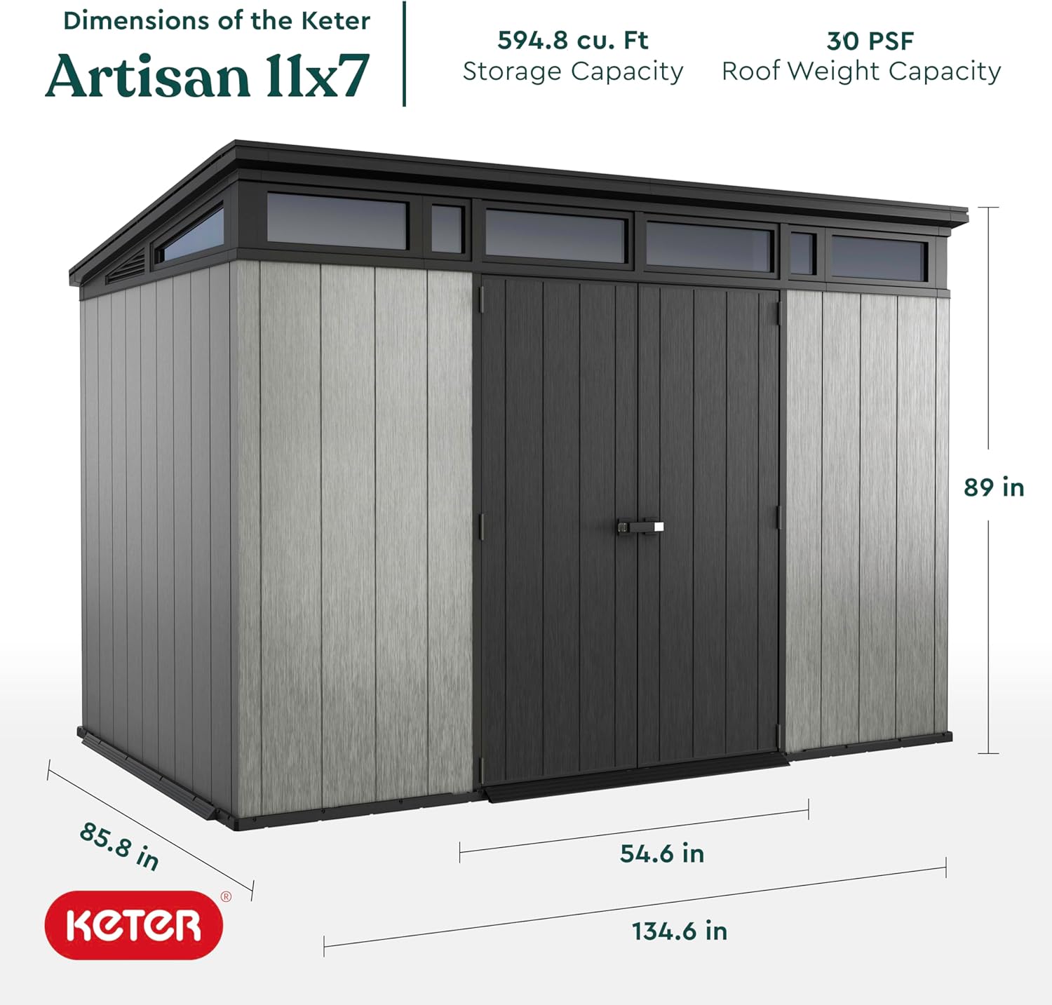 2025 Keter Artisan 11x7 Modern Resin Outdoor Storage Shed Kit-Perfect to Store Patio Furniture, Garden Tools Bike Accessories, Beach Chairs and Lawn Mower, Grey & Black