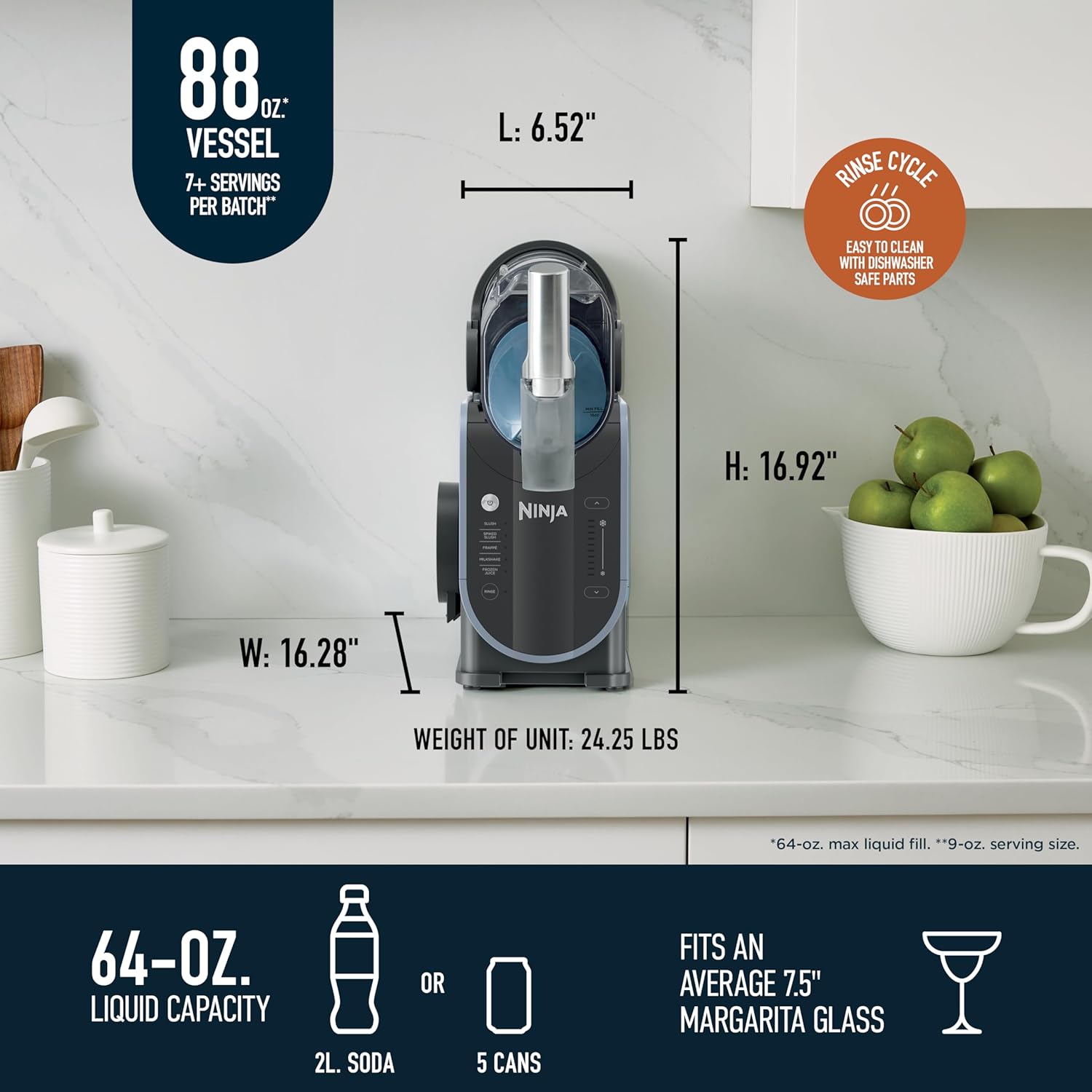 2025 88 oz. Frozen Drink & Slushie Machine, 5 Preset Programs, Margaritas, Frappés, and More, Premium Accents, Black, FS301