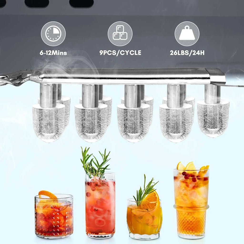 Countertop Ice MakerPortable Ice Machine with Carry HandleSelf-CleaningBasket and Scoop9 Cubes in 6 Mins26.5lbs/24Hrs2 Sizes of Bullet Icefor HomeKitchenPartyGrey