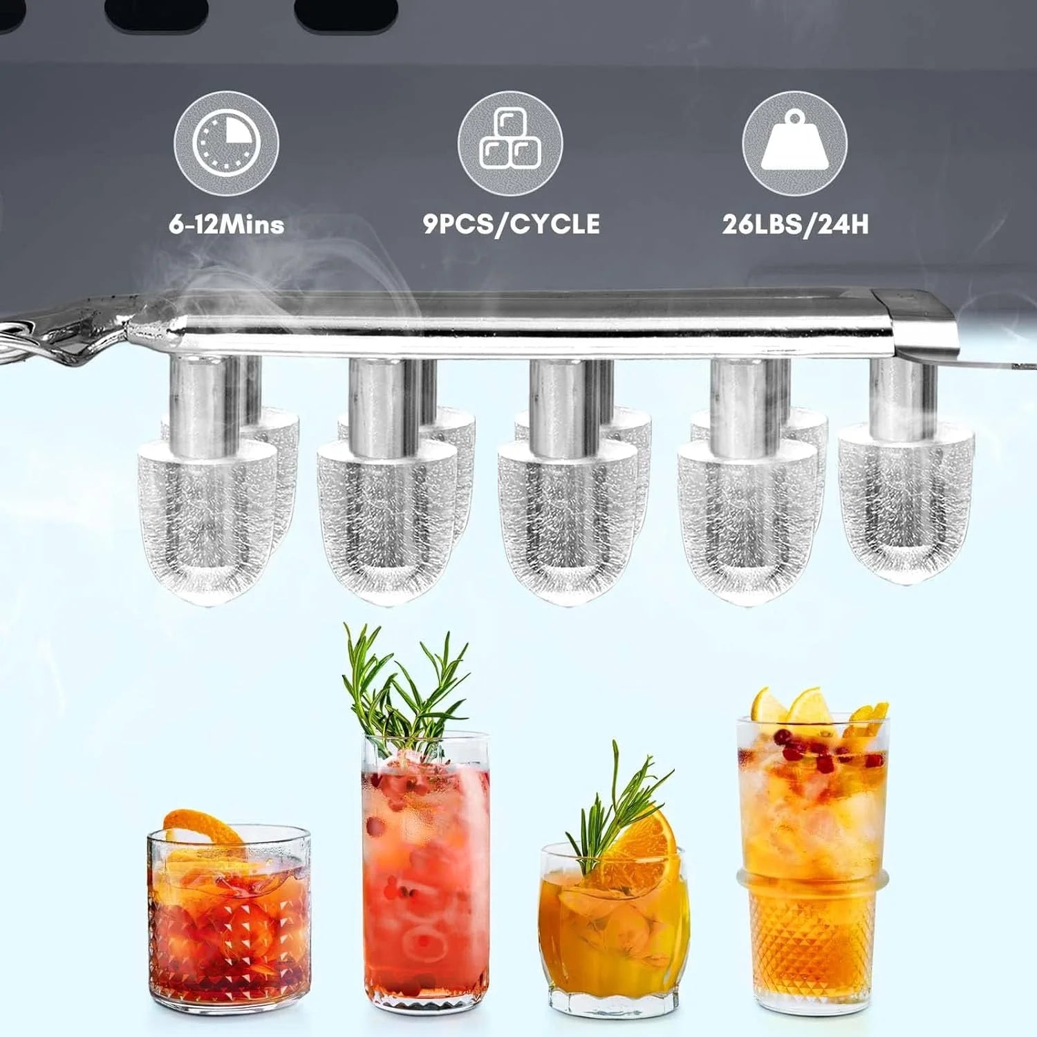 Countertop Ice MakerPortable Ice Machine with Carry HandleSelf-CleaningBasket and Scoop9 Cubes in 6 Mins26.5lbs/24Hrs2 Sizes of Bullet Icefor HomeKitchenPartyGrey