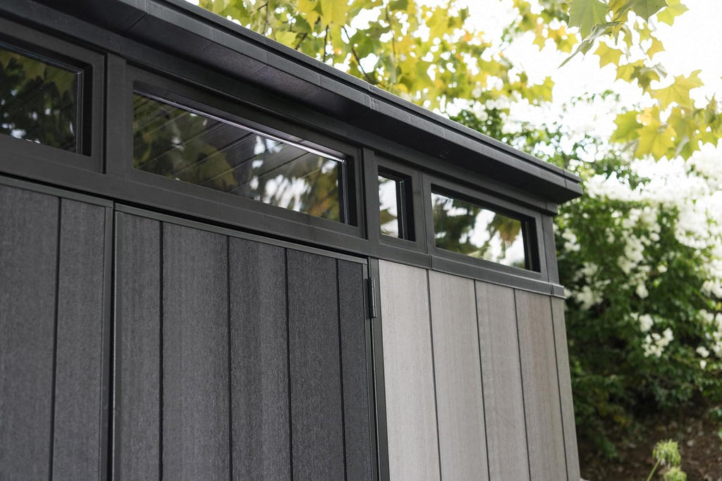 2025 Keter Artisan 11x7 Modern Resin Outdoor Storage Shed Kit-Perfect to Store Patio Furniture, Garden Tools Bike Accessories, Beach Chairs and Lawn Mower, Grey & Black