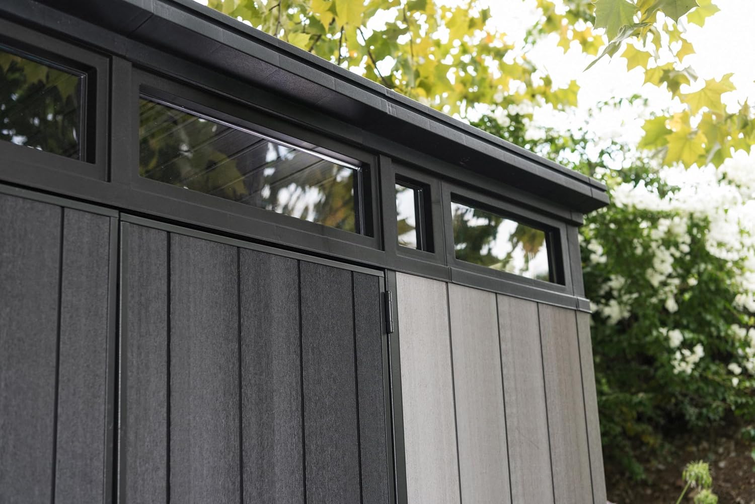 2025 Keter Artisan 11x7 Modern Resin Outdoor Storage Shed Kit-Perfect to Store Patio Furniture, Garden Tools Bike Accessories, Beach Chairs and Lawn Mower, Grey & Black