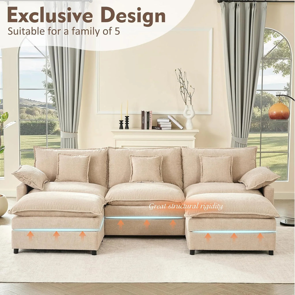 108" U Shaped Couch, Modular Sectional Sofa, 3-Seater Comfy Cloud Couch with Movable Ottoman, Deep Seat Couches for Living Room, Linen, Beige