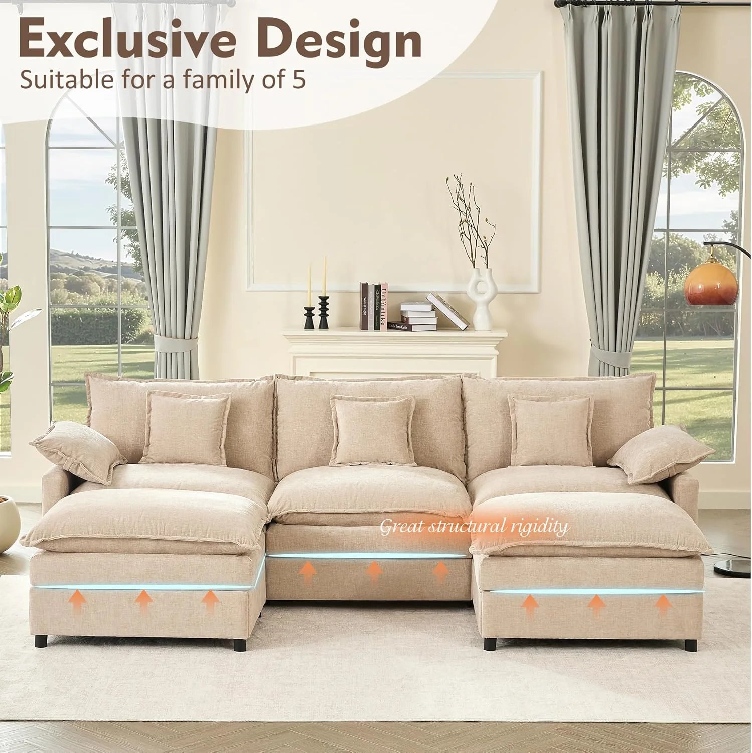 108" U Shaped Couch, Modular Sectional Sofa, 3-Seater Comfy Cloud Couch with Movable Ottoman, Deep Seat Couches for Living Room, Linen, Beige