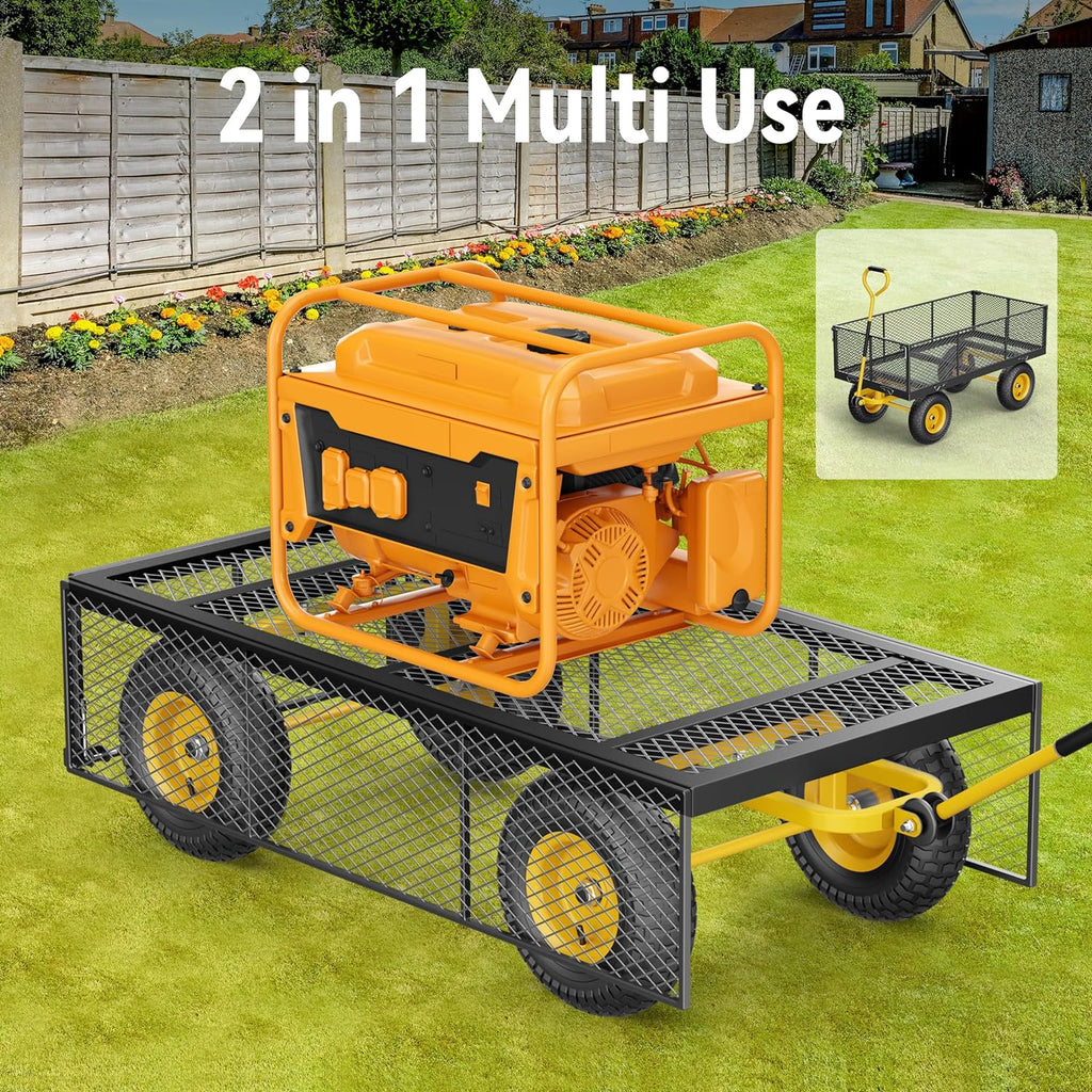Steel Garden Cart 2-in-1 1400 lbs Heavy Duty Utility Wagon with Removable Mesh Sides to Convert into Flatbed 240?? U-Turn 13" Pneumatic Tires Garden Wagon for Farm Yard Lawn Garden Camping