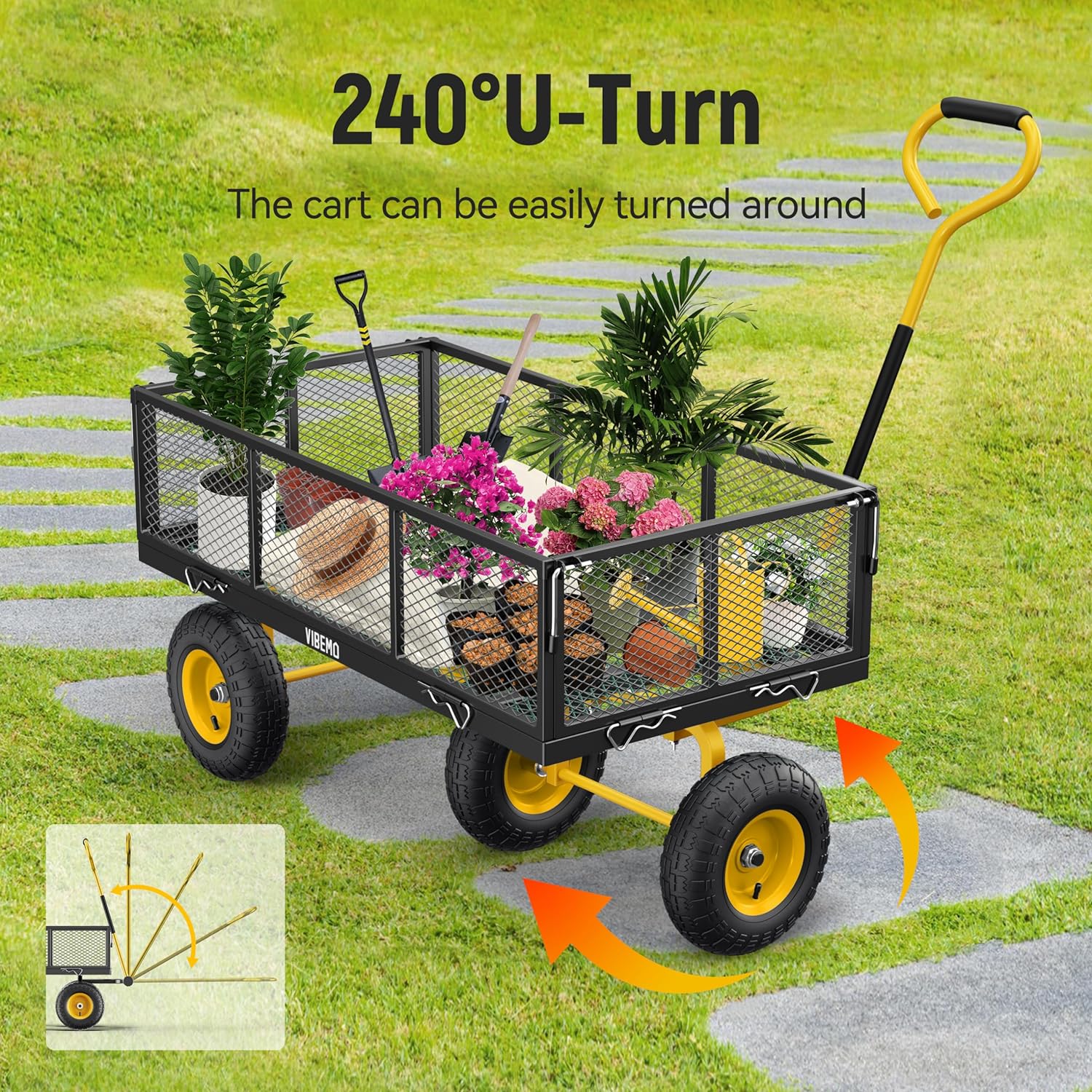 Steel Garden Cart 2-in-1 1400 lbs Heavy Duty Utility Wagon with Removable Mesh Sides to Convert into Flatbed 240?? U-Turn 13" Pneumatic Tires Garden Wagon for Farm Yard Lawn Garden Camping