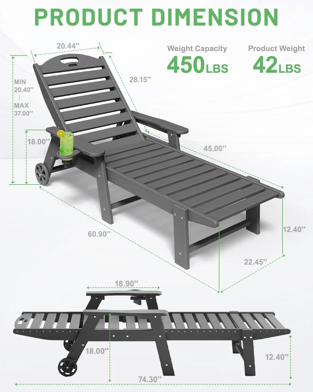 Lounge Chair Outdoor Chaise Lounge HDPE 6-Position Outdoor Chaise Lounge Patio Lounge Chair