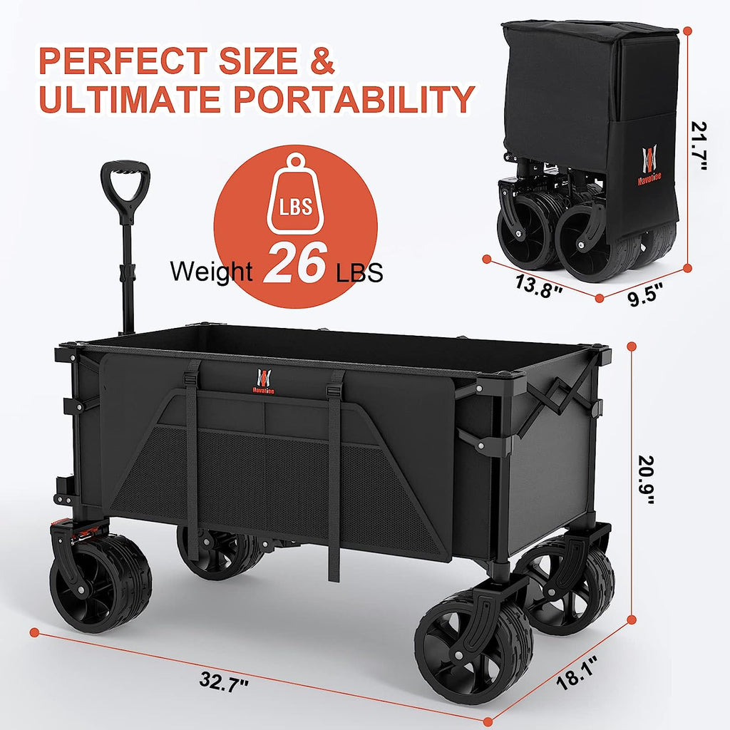Navatiee Collapsible Folding Wagon Beach Wagon Cart Heavy Duty Foldable with Big Wheels Utility Grocery Wagon with Side Pocket and Brakes for Camping Garden Sports T1