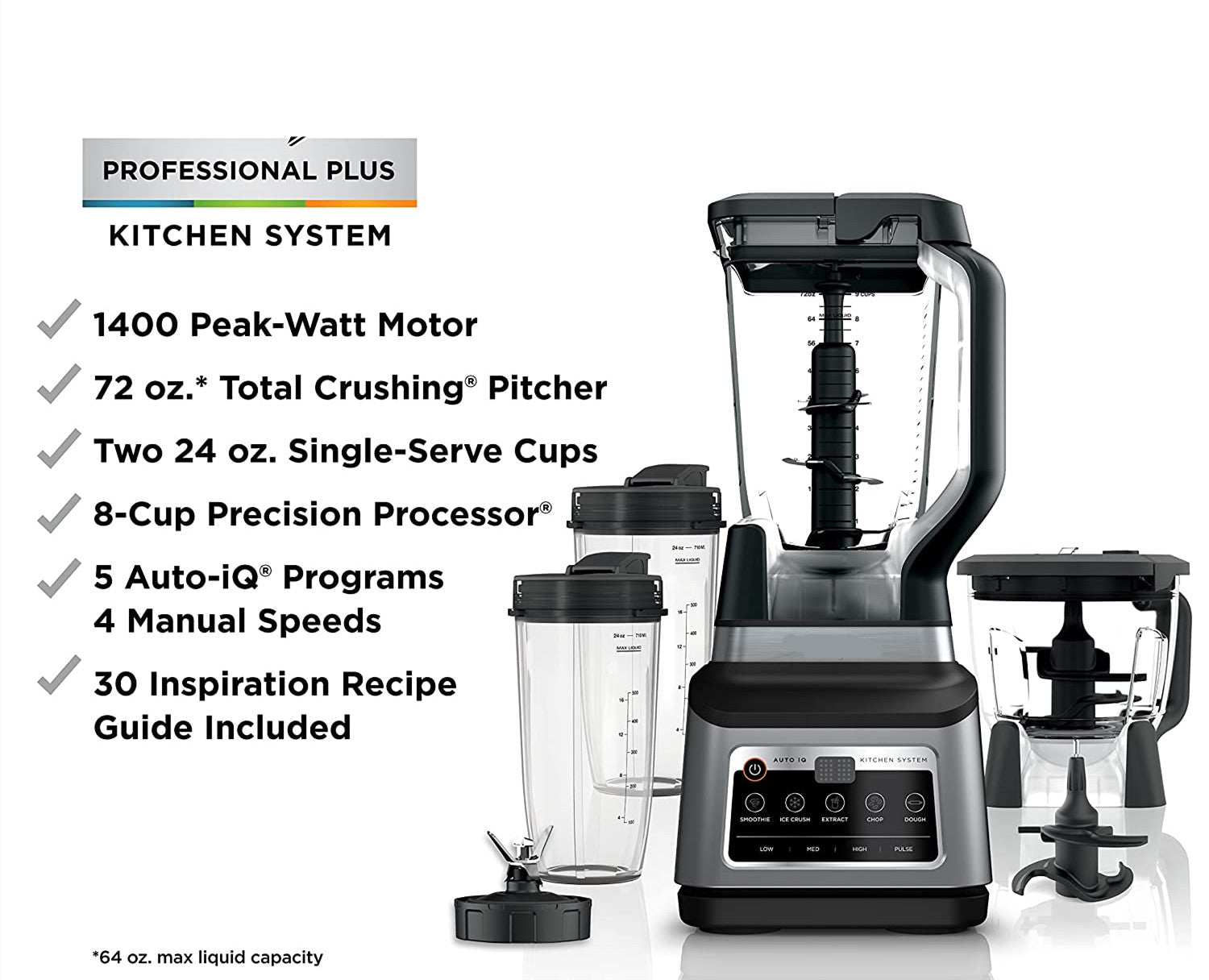 Mega Kitchen System 72 oz. Pitcher 8-Cup Food Processor 16 oz. Single Serve Cup 1500-Watt Black