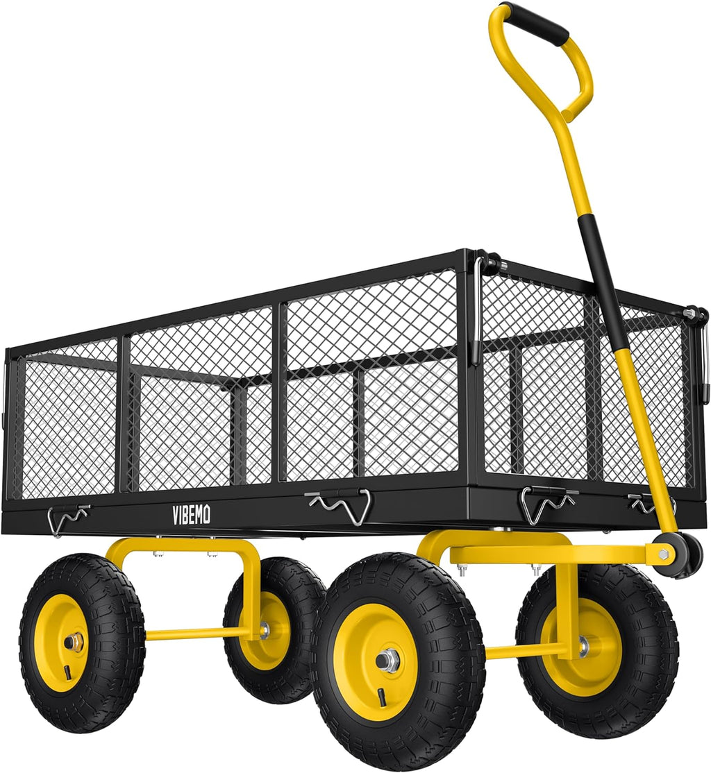 Steel Garden Cart 2-in-1 1400 lbs Heavy Duty Utility Wagon with Removable Mesh Sides to Convert into Flatbed 240?? U-Turn 13" Pneumatic Tires Garden Wagon for Farm Yard Lawn Garden Camping
