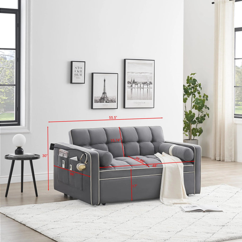 2025 3 in 1 Sleeper Sofa Couch Bed,Small Tufted Velvet Convertible Loveseat Futon Sofa w/Pullout Bed,Adjustable Backrest,Cylinder Pillows,Multi-Pockets,Phone Holder for Living Room Apartment,Grey,55.5"