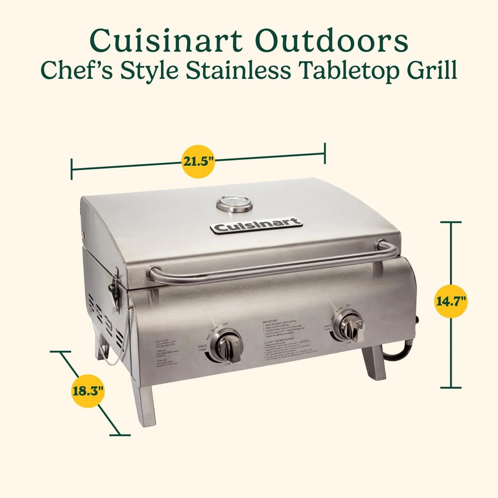 Cuisinart Chef's Style Tabletop Portable Propane Grill, 20,000 BTU Stainless Steel 2-Burner