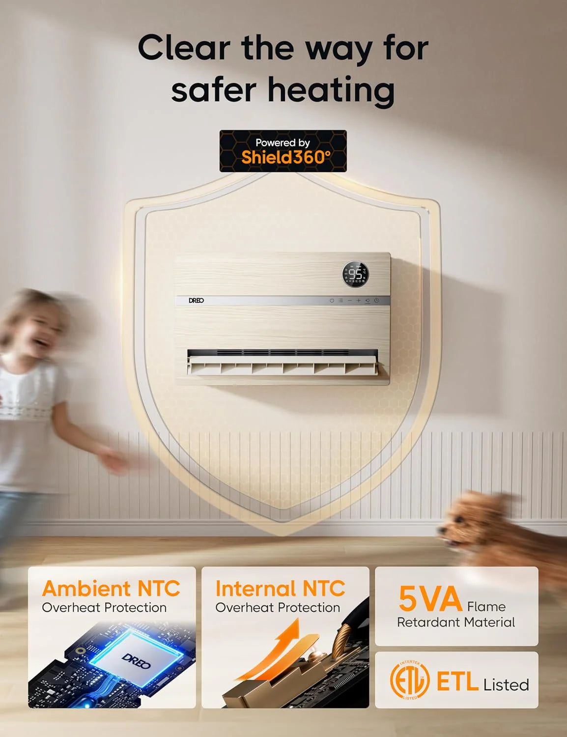 Dreo Smart Wall Heater, Electric Space Heater for Bedroom 1500W, 120° Vertical Oscillation, Adjustable Thermostat, Remote Control, 24H Timer, Easy-Mount Heater for Indoor Use, Works with Alexa, WH719S