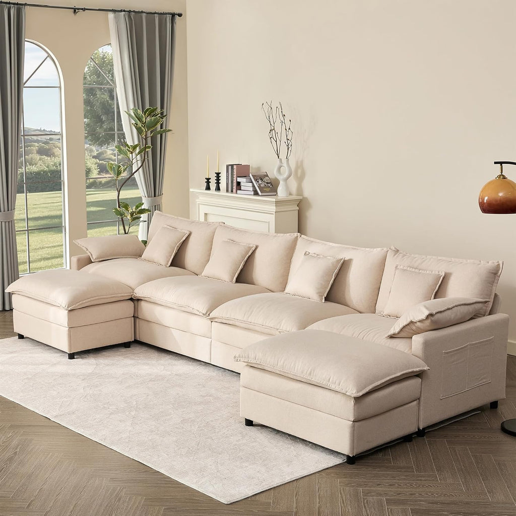 108" U Shaped Couch, Modular Sectional Sofa, 3-Seater Comfy Cloud Couch with Movable Ottoman, Deep Seat Couches for Living Room, Linen, Beige