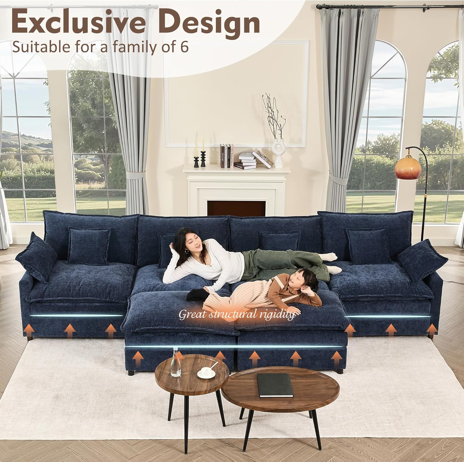 108" U Shaped Couch, Modular Sectional Sofa, 3-Seater Comfy Cloud Couch with Movable Ottoman, Deep Seat Couches for Living Room, Linen, Beige