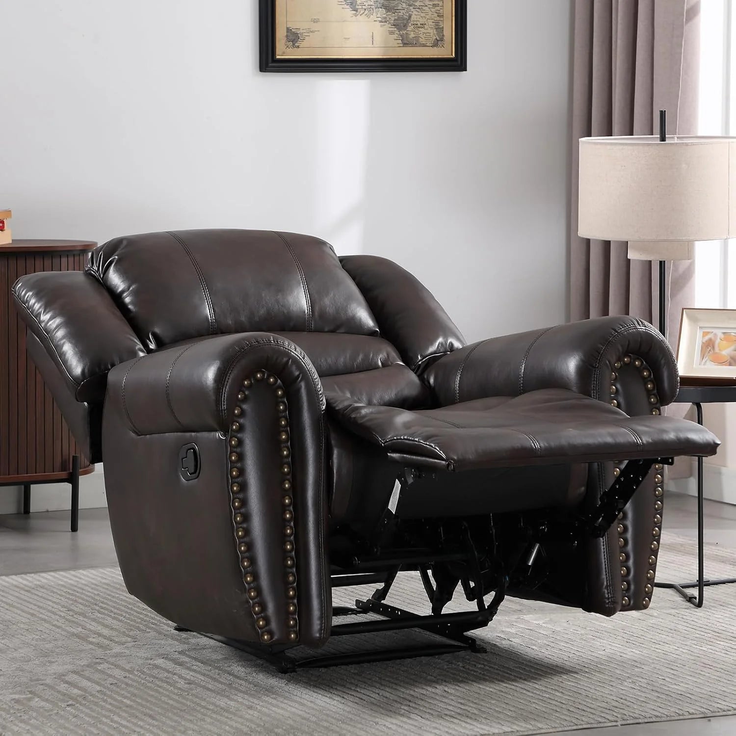 CANMOV Leather Recliner Chair, Classic and Traditional Manual Recliner Chair with Comfortable Arms and Back Single Sofa for Living Room, Nut Brown