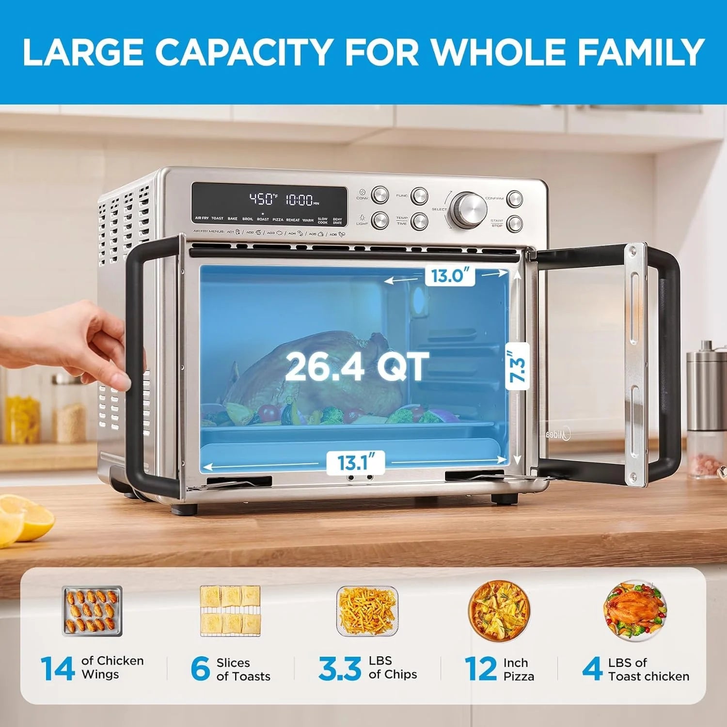 Flexify French Door Toaster Oven Air Fryer Combo, 26.4 QT, Extra Large Air Fryer Countertop Oven 10-in-1 Combo, 25% Faster Cooking and 90% Less Oil, Stainless Steel