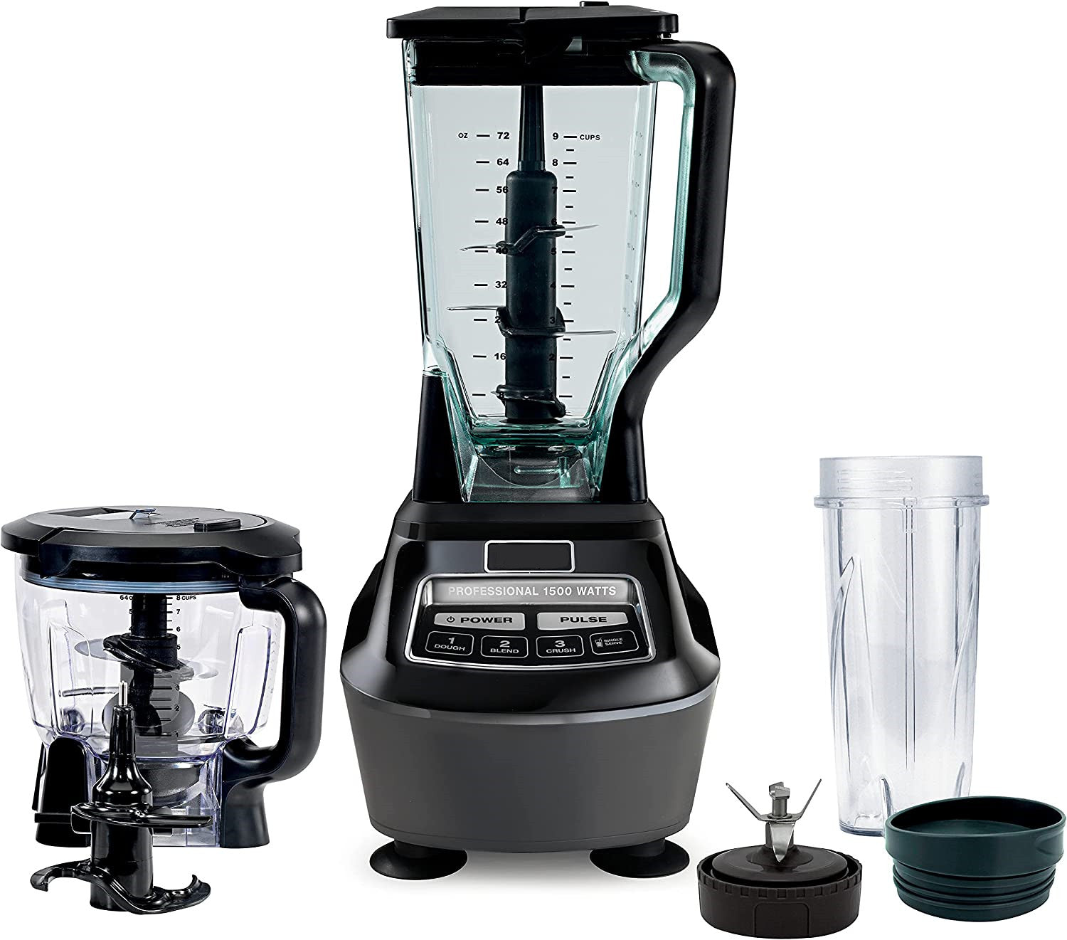Mega Kitchen System 72 oz. Pitcher 8-Cup Food Processor 16 oz. Single Serve Cup 1500-Watt Black