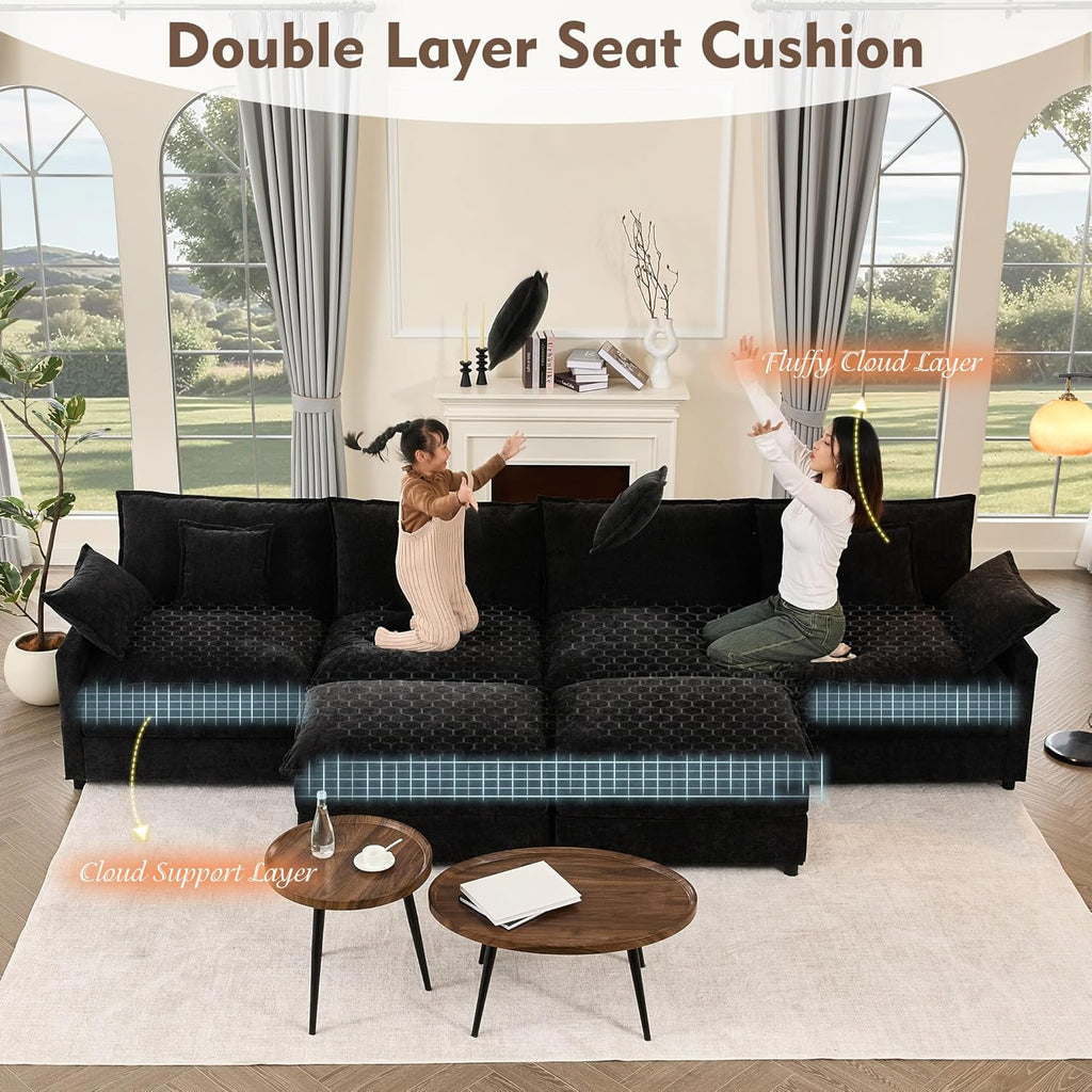 108" U Shaped Couch, Modular Sectional Sofa, 3-Seater Comfy Cloud Couch with Movable Ottoman, Deep Seat Couches for Living Room, Linen, Beige