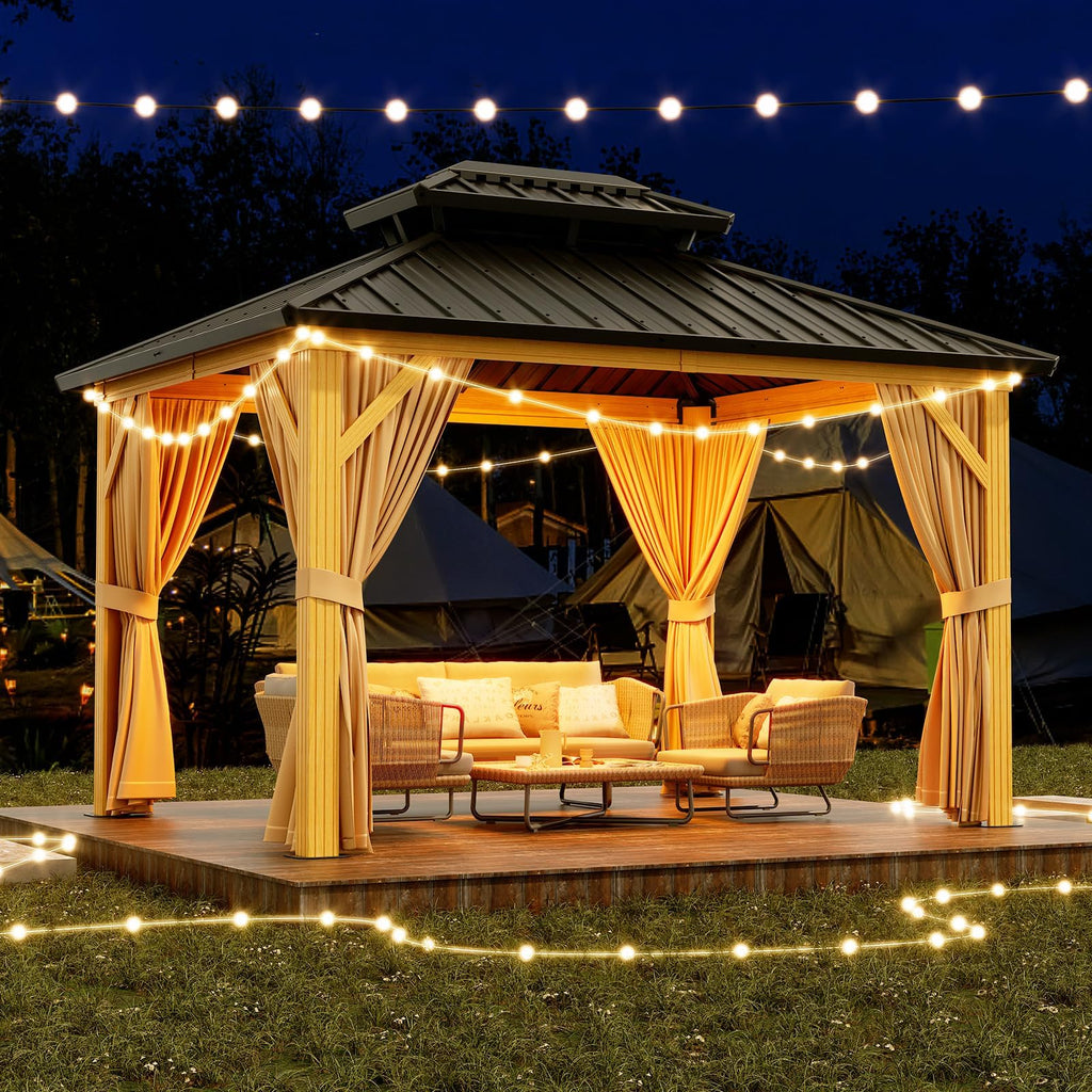2025 10X13 FT Outdoor Galvanised Steel Hardtop Gazebo, Heavy Duty Double Roof Outdoor Gazebo with Netting and Sunshade Curtains, Aluminium Framed Gazebo for Patio, Terrace, Lawn and Deck, Khaki