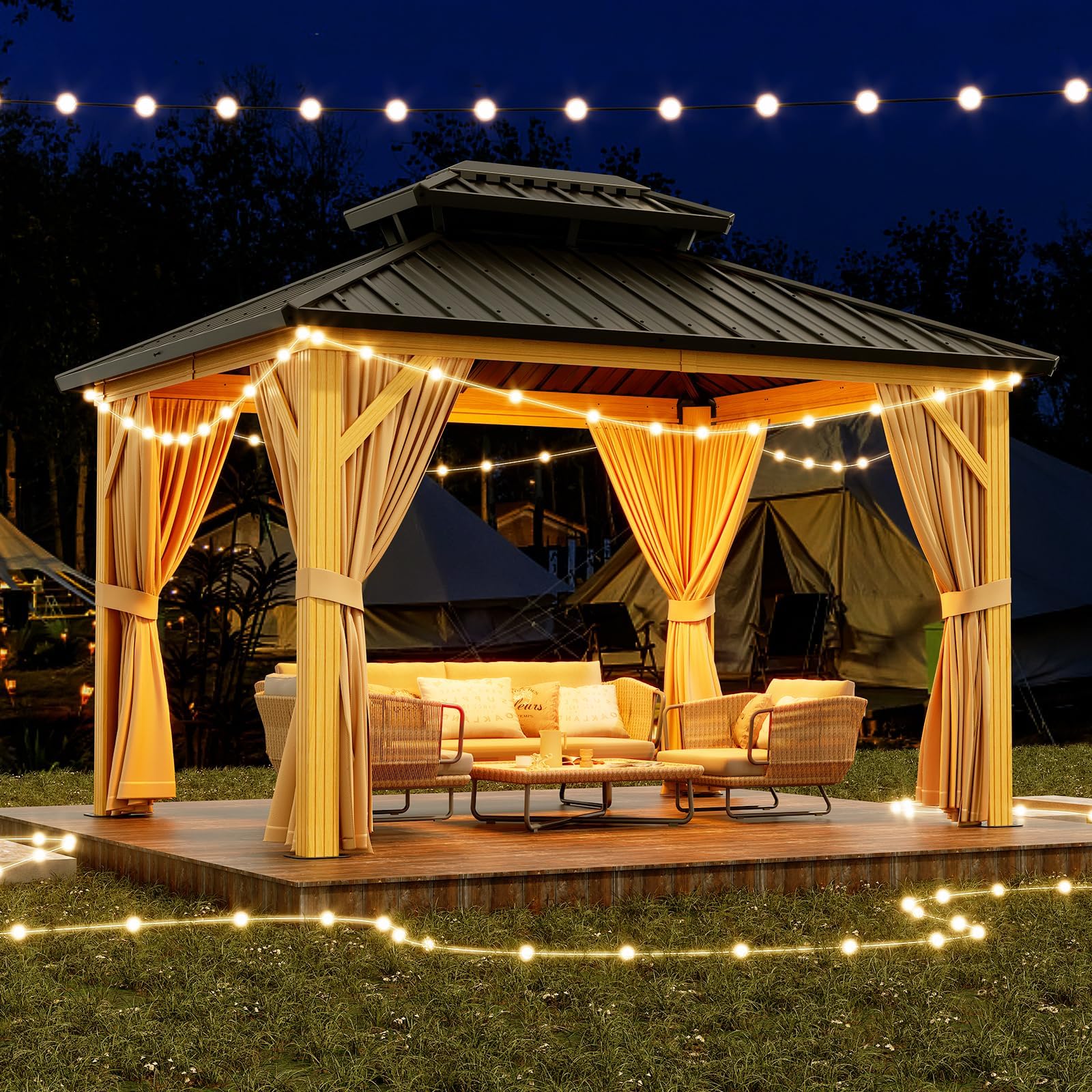 2025 10X13 FT Outdoor Galvanised Steel Hardtop Gazebo, Heavy Duty Double Roof Outdoor Gazebo with Netting and Sunshade Curtains, Aluminium Framed Gazebo for Patio, Terrace, Lawn and Deck, Khaki