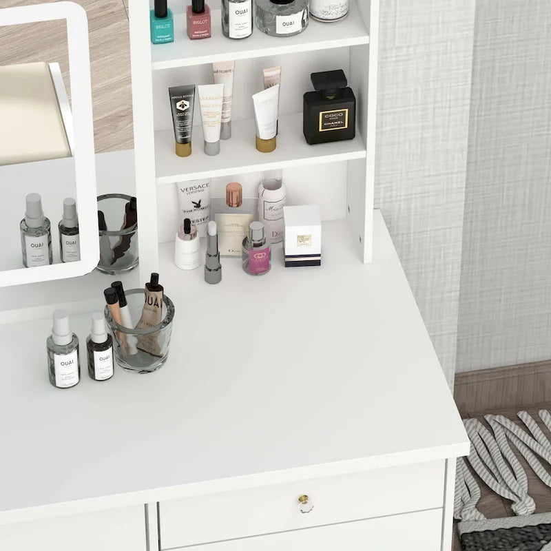 White Makeup Vanity Set with LED Mirror and Stool - 39.4" Wide