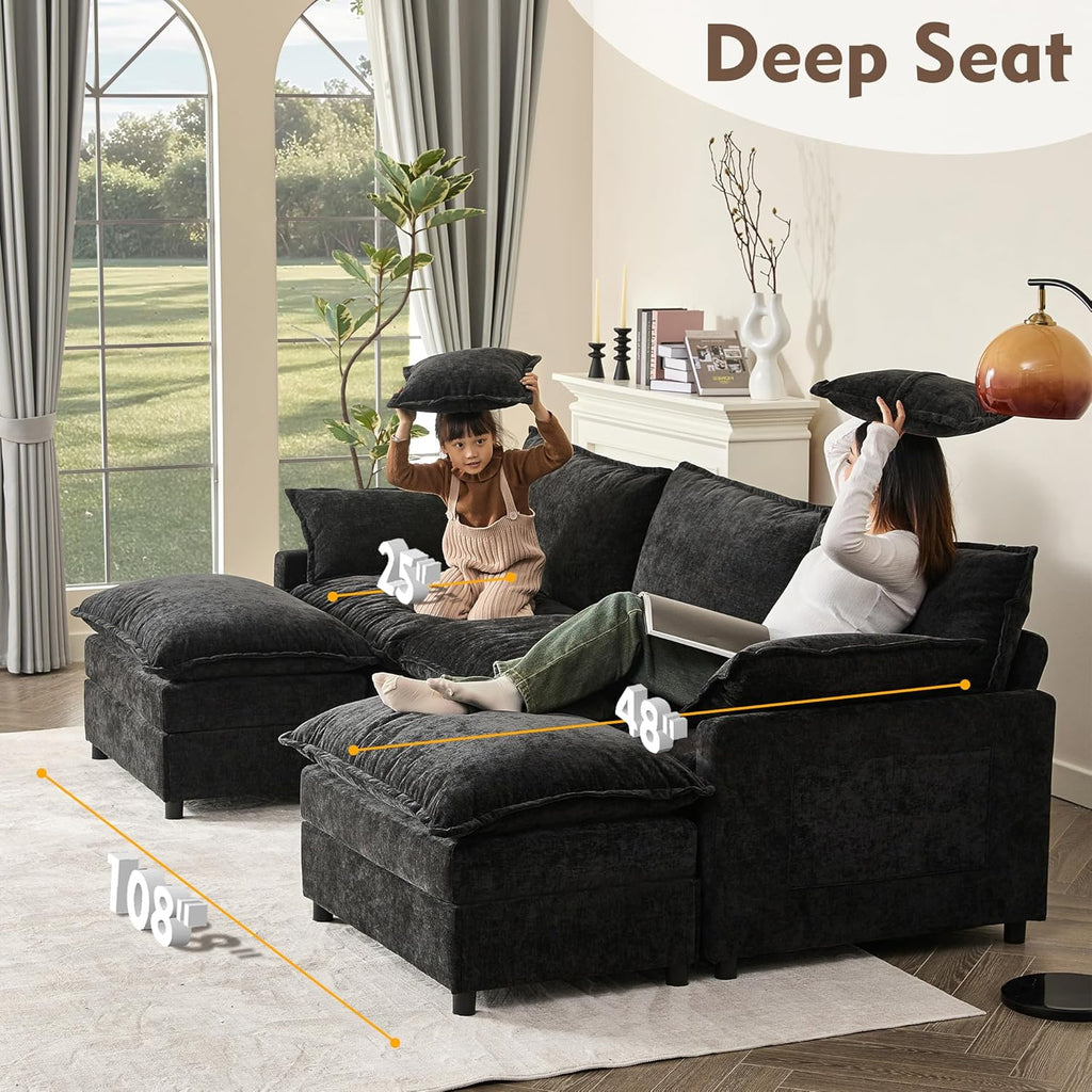 108" U Shaped Couch, Modular Sectional Sofa, 3-Seater Comfy Cloud Couch with Movable Ottoman, Deep Seat Couches for Living Room, Linen, Beige