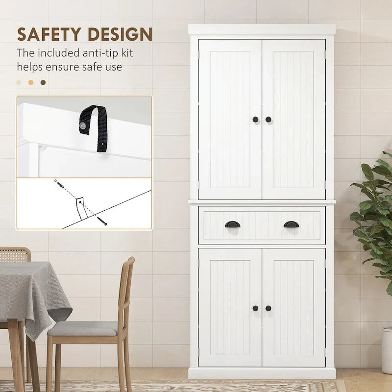 72  Kitchen Pantry Storage Cabinet, Traditional Freestanding Cabinet with 4 Doors and 3 Adjustable Shelves, Large Central Drawer