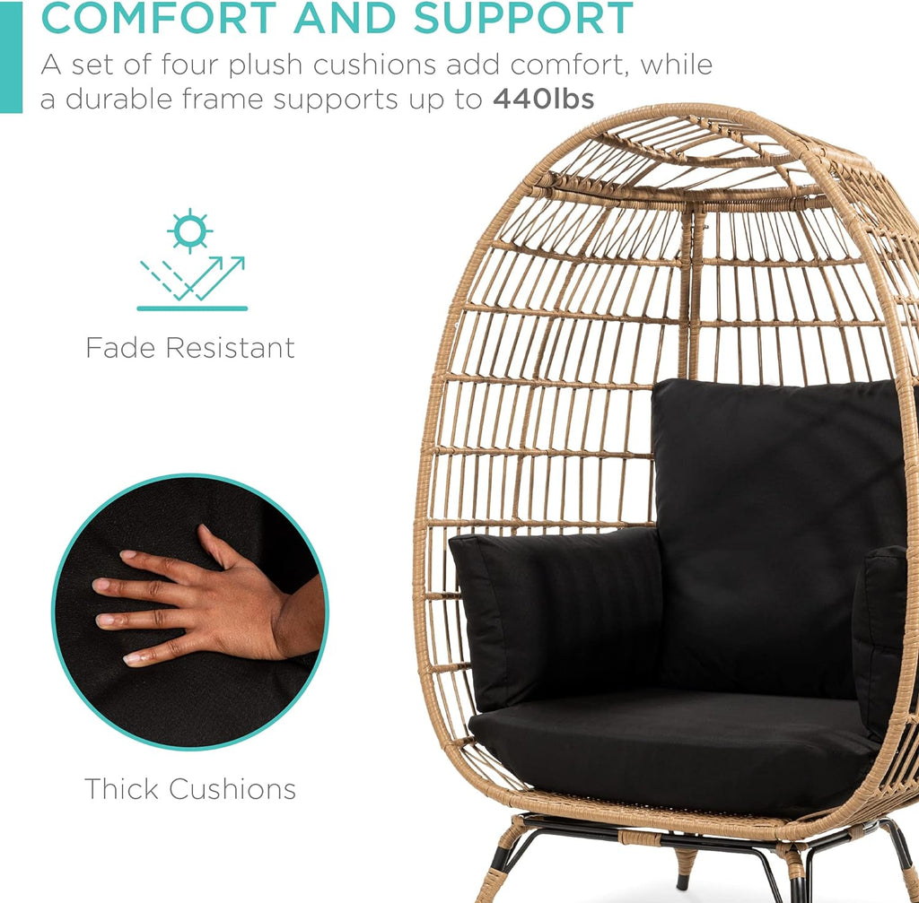Best Choice Products Wicker Egg Chair Oversized Indoor Outdoor Lounger for Patio Backyard Living Room w/ 4 Cushions Steel Frame 440lb Capacity - Ivory