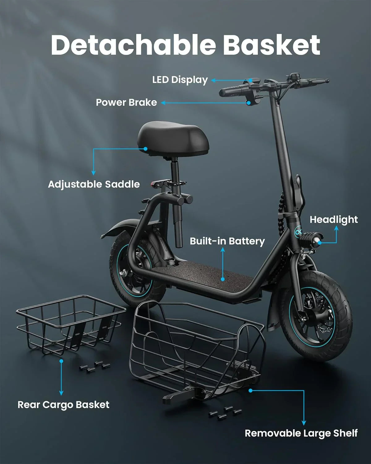Gyroor Adult Electric Scooter with Large Center Basket 20 Mile Range Foldable and Seat