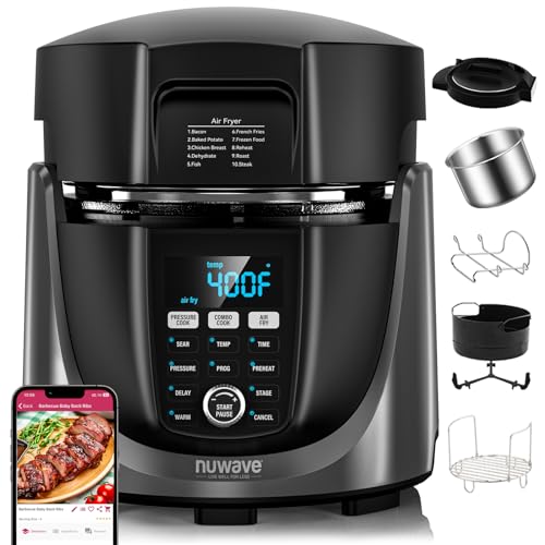 Nuwave Duet Air Fryer and Electric Pressure Cooker Combo with 2 Switchable Lids, 300 FoolProof One Touch Presets, Crisp&amp;Tender Tech, 6QT Heavy duty Stainless Steel Pot, 15  Safety Features : Home &amp; Kitchen