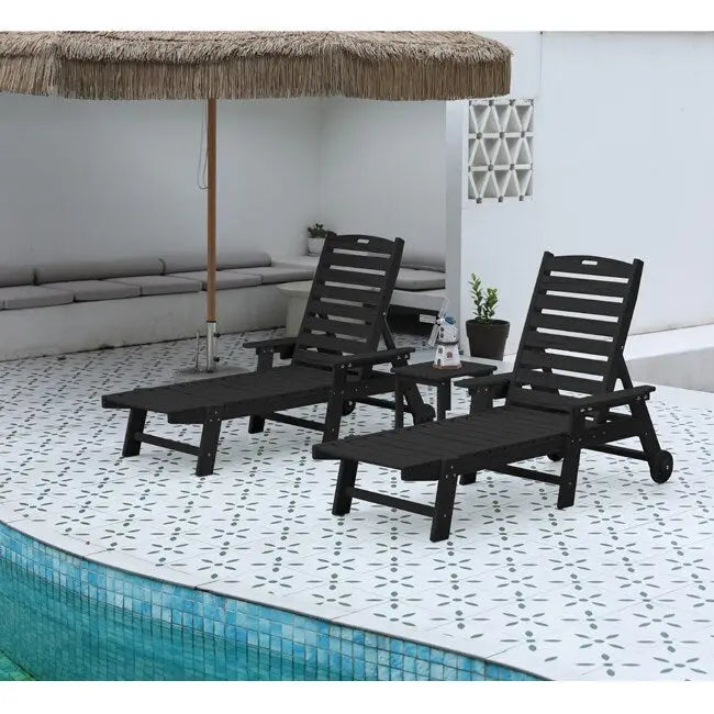 3-Piece Patio Set  2 Oversized Chaise Lounges (5-Position, Wheels, Cup Holder) + Side Table, All-Weather Wood Texture.