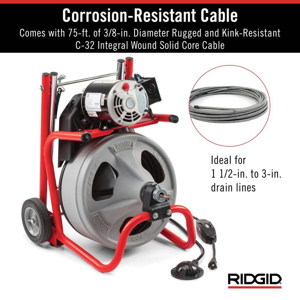 K 400 Drain Cleaning Snake Auger 120 Volt Drum Machine with C 32IW 3/8 in. x 75 ft. Cable   4 Piece Tool Set &amp; Gloves 52363