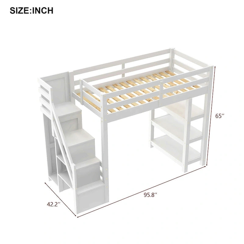Full/Twin Loft Bed with Storage Stairs - Shelves, Wardrobe & LED Light, Space-Saving Design